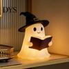 Cute Ghost Ornaments for Halloween Figurine with LED Light, Resin Witch Hat Statue Niche Aesthetic Ornament Guitar/Book, Luminous Sculpture