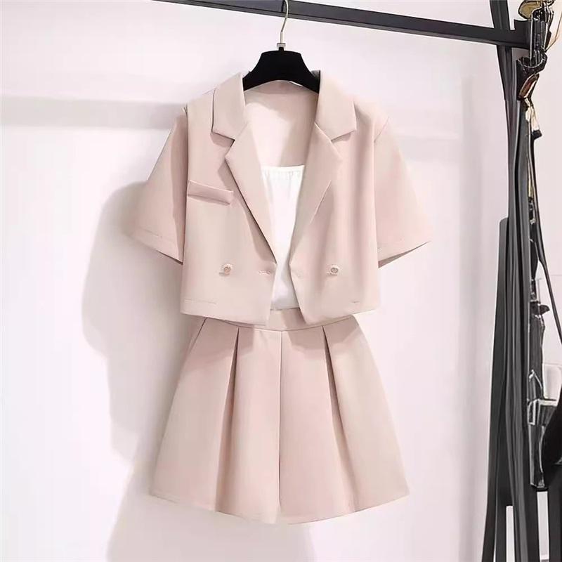 

Women s 2-Piece Blazer Outfit Short Sleeve Cropped Blazer Pleated Skirt Camisole Office Casual Set XXL рожевий