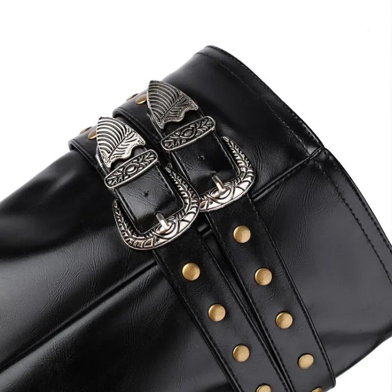 Fashion Metal Rivet Belt Buckle Western Cowboy Knee High Boots Fashion Square Headed Knight Boots Shiny Cool Spicy Girl Motorcycle Boots