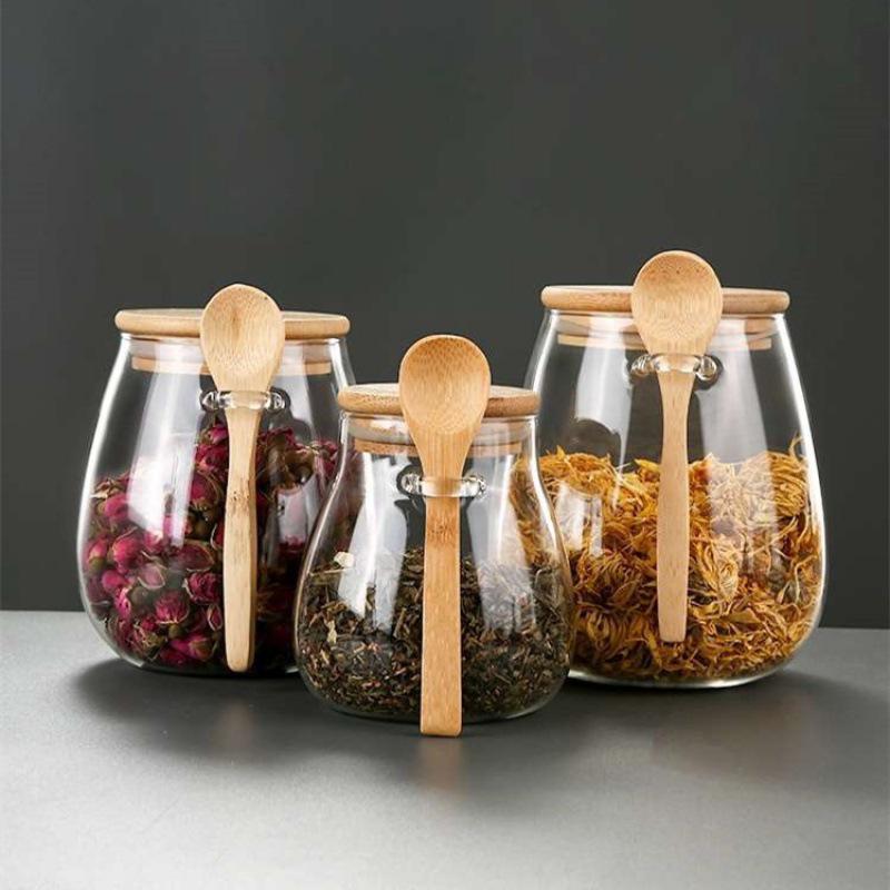 Airtight Glass Storage Jar with Spoon Lid for Cereal and Tea