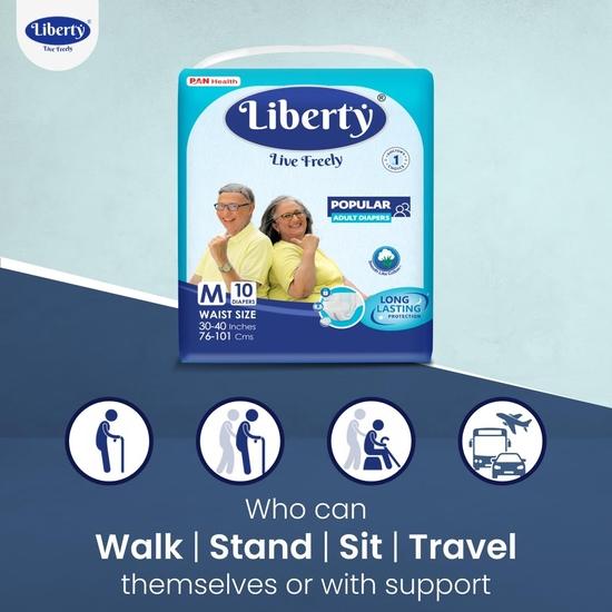 Liberty Popular Adult Diapers, Tape Style, Medium (M) Size, 10 Count, Waist Size (76-101cm | 30-40 inches), Unisex, Pack of 1