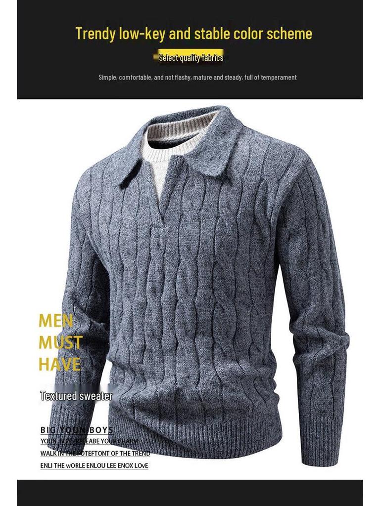 Cross2025 Men's Autumn/Winter Cable Knit Polo Sweater: Trendy European Twist with Lapel and Long Sleeves