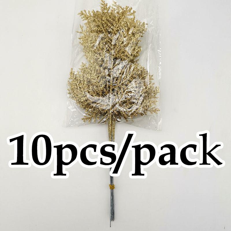 (10pcs/lot) Artificial Plants Pine Branches Christmas Tree Decoration Gold Glittering Sequin Material Home Decor Accessories
