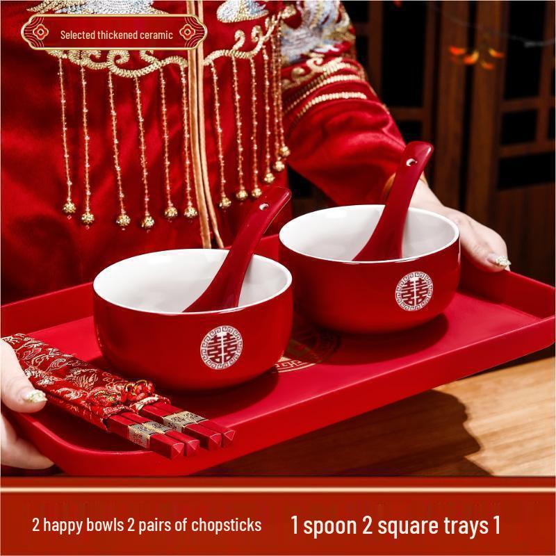Red Wedding Tea Set: Complete Cups, Lid, Bowl & Chopsticks Set for a Joyous Occasion