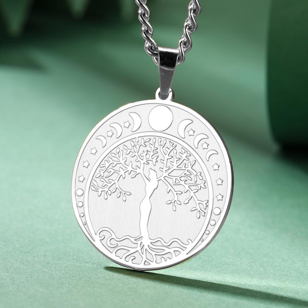Dawapara Tree of Life and Moon Phase Necklace Mythological Yggdrasil Pendant Wiccan Goddess Amulet Stainless Steel Jewelry