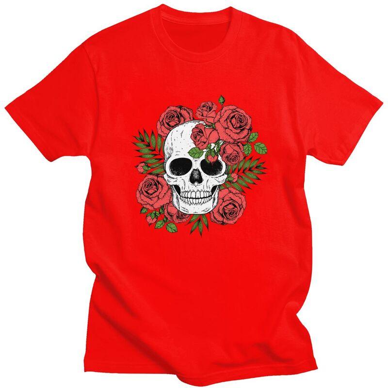 Custom Skull Roses Flowers T Shirts Men Short Sleeve Tshirts Streetwear Tee Tops 100 Cotton Slim Fit Tshirts Merch