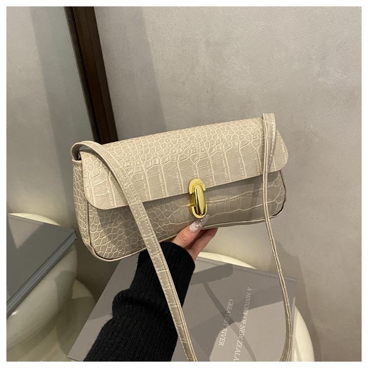 Women Vintage Crocodile Pattern PU Leather Flap Shoulder Underarm Bag Buckle Baguette Tote Bag Female Handbag Purses Solid Color