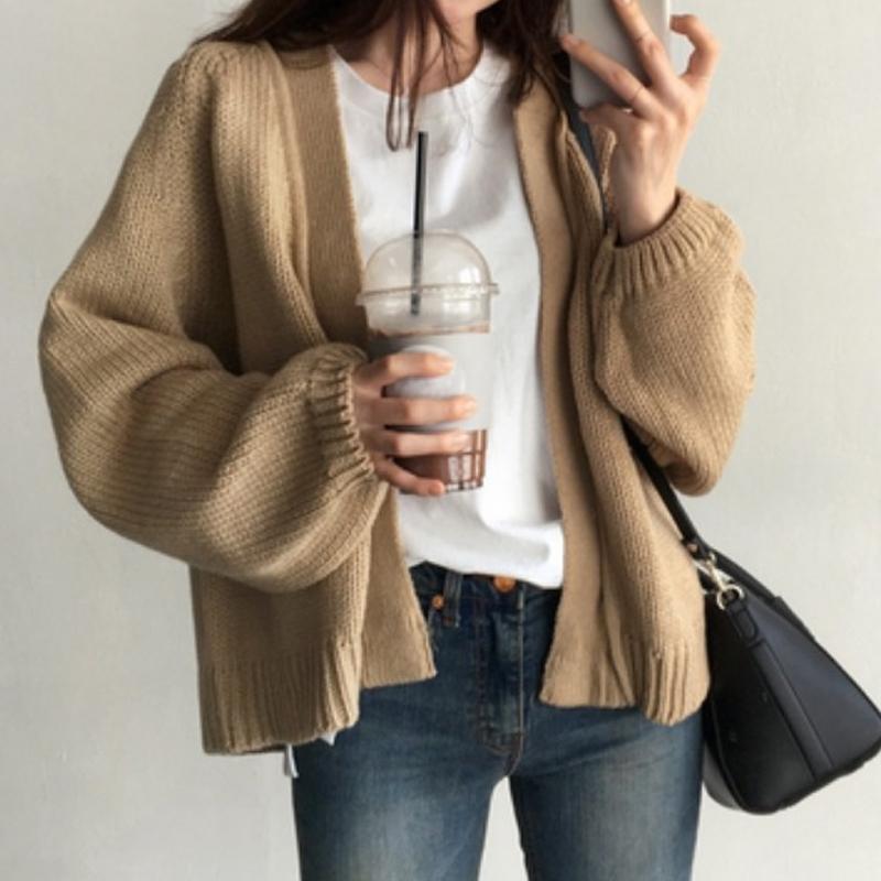 V Neck New Fashion Autumn Loose Knitted Cardigan Women Short Sweater Jacket Casual Office Solid Color Elegant Simple Long Sleeve Coats Basic Clothing