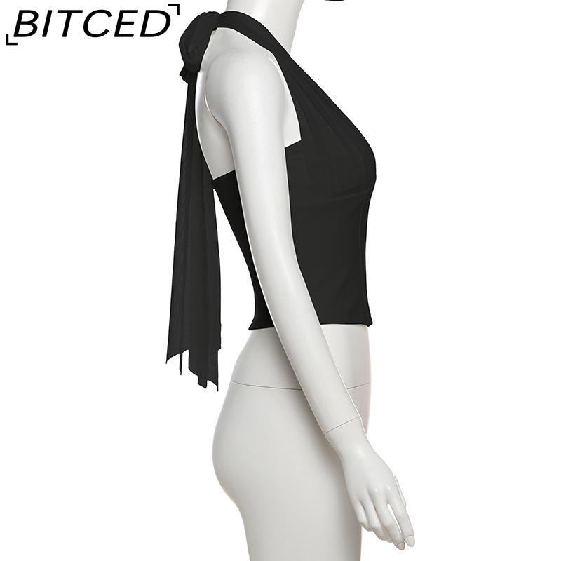 BITCED Summer Women's Solid-Colour Sexy Halterneck Fishbone-Style Crop Top