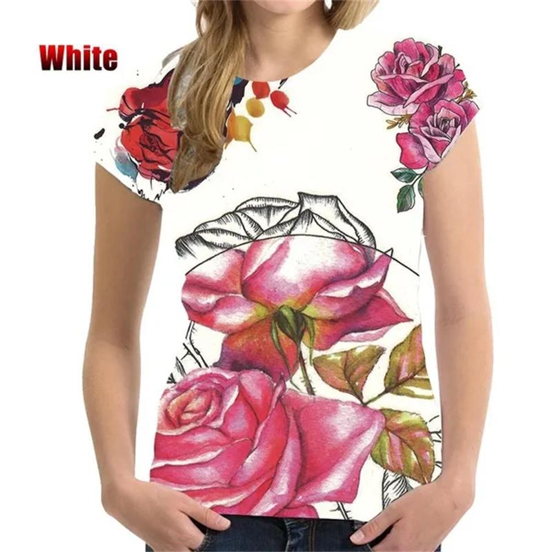 Rose T-shirt Women's 3D Flower Printed T-shirt Harajuku Fashion Street T-shirt Women's Clothing Short Sleeve