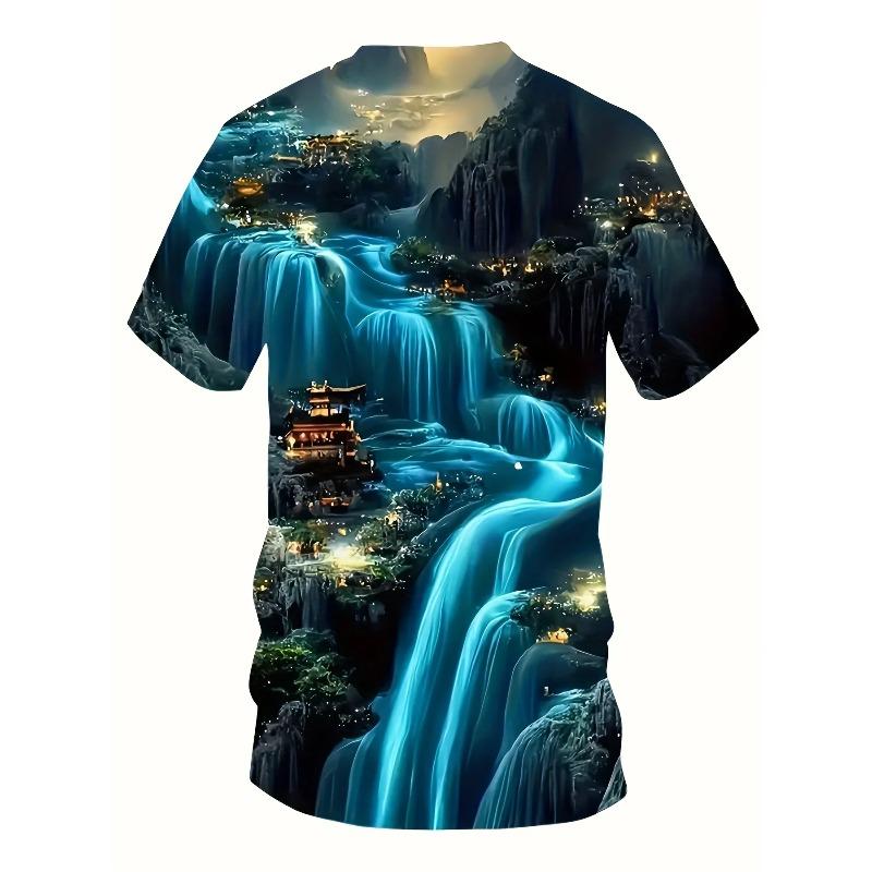 Men's Chinese Mountain Waterfall Pavilion Landscape 3D Print T Shirt Summer O Neck Short Sleeve Scenery Graphic Street Tee