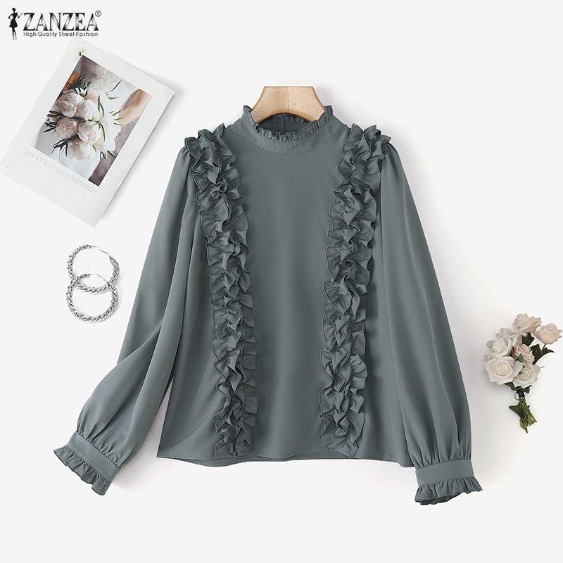 ZANZEA Blouse Décontractée Femme Col Montant Manches Longues Volants Épissure Ample