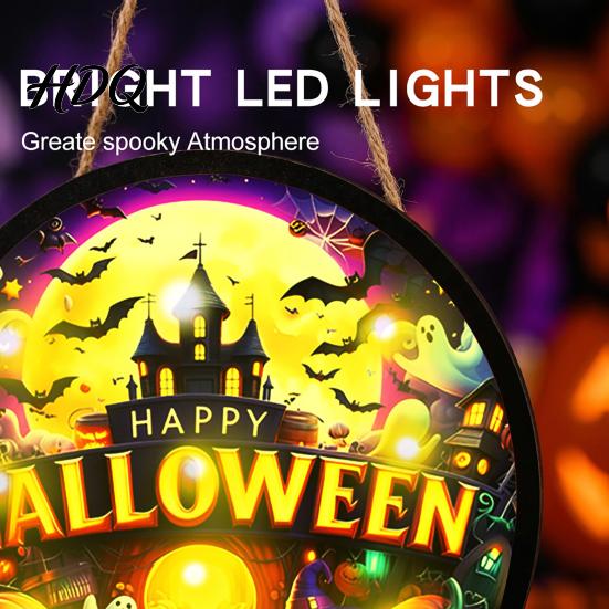 Halloween Holiday Decorations LED Glowing Hanging Decor Acrylic Window Ornament with Light Spooky Durable Signs Sign for Door Wall Haunted