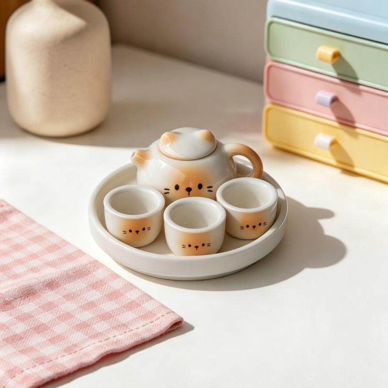 Cute Light Blue Elephant Ceramic Tea Set With 3 Small Cups Serving Tray Perfect For Afternoon Tea Kids Gift Home Decoration