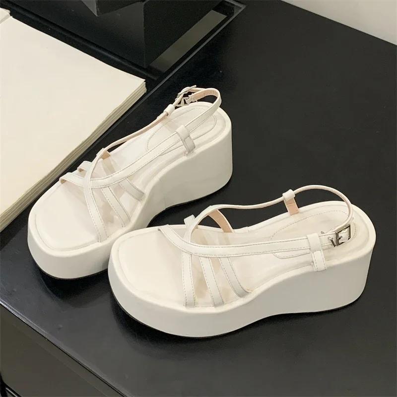 

Fashion Eilyken New Summer Design Narrow Band Buckle Strap Platform Wedge Heels Woman Sandals Fashion Open Toe Banquet Shoes 35 белый