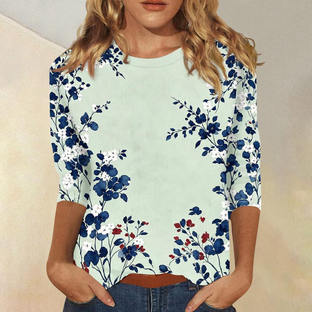 Damen Casual Blumenmuster Dreiviertelarm Rundhalsausschnitt Oberteil Leicht Bequem Sitzend Weicher Stoff Bluse für den Alltag