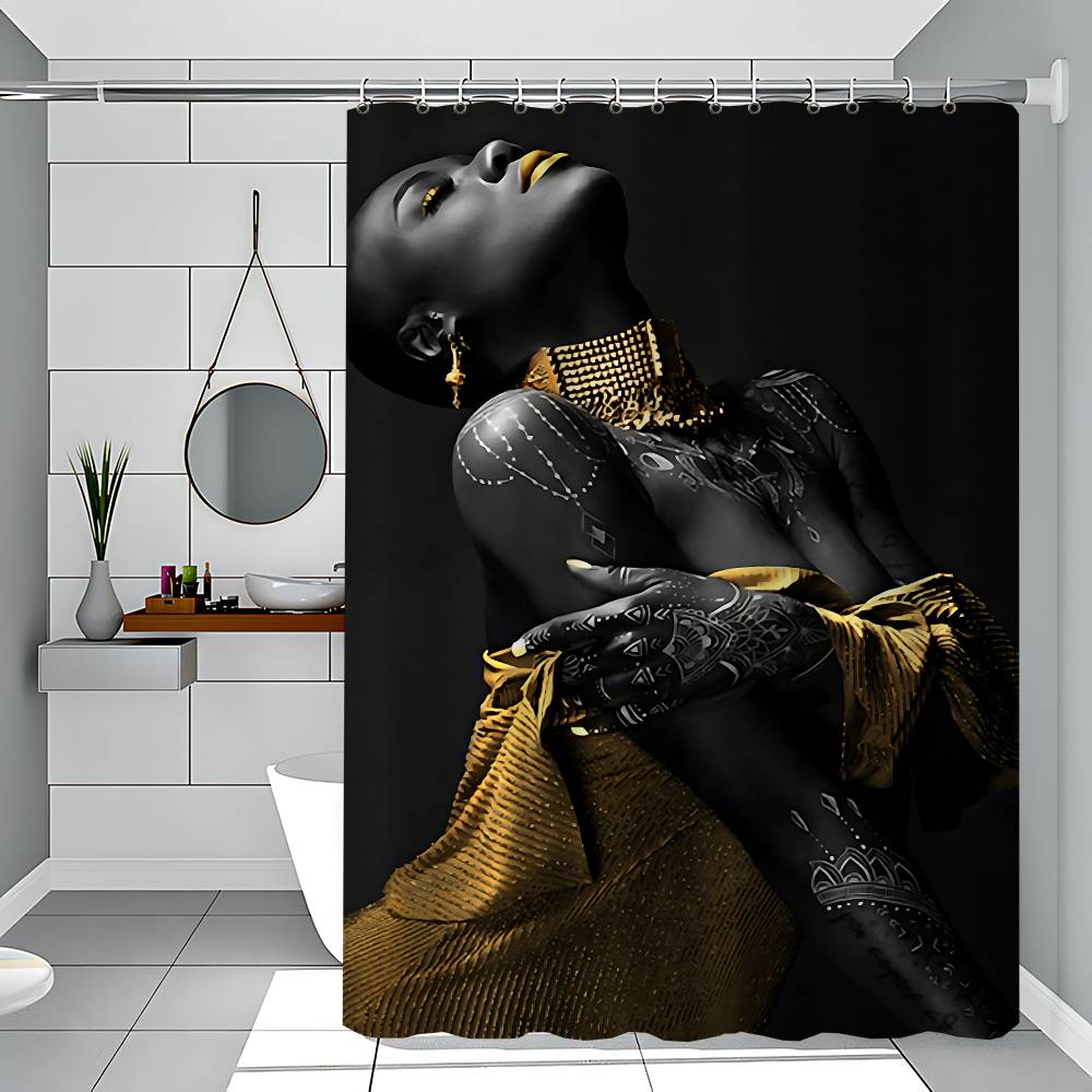 African Art Black And Gold Woman Oil Waterproof Polyester Shower Curtain Waterproof Bathroom Curtain Liners With 12 Hooks