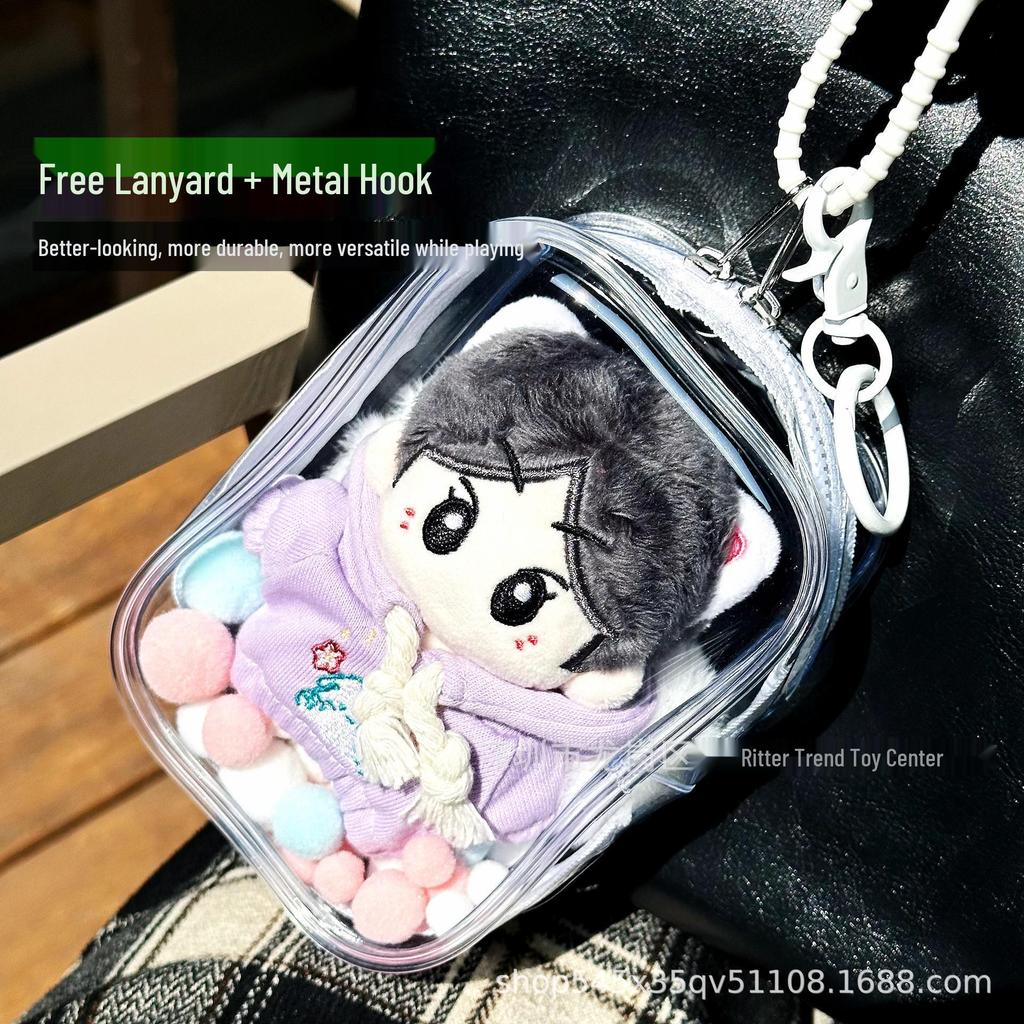 Compact 10cm Cotton Doll Carrier: Double Zipper, High Transparency PVC, Thickened Plush Storage Bag.