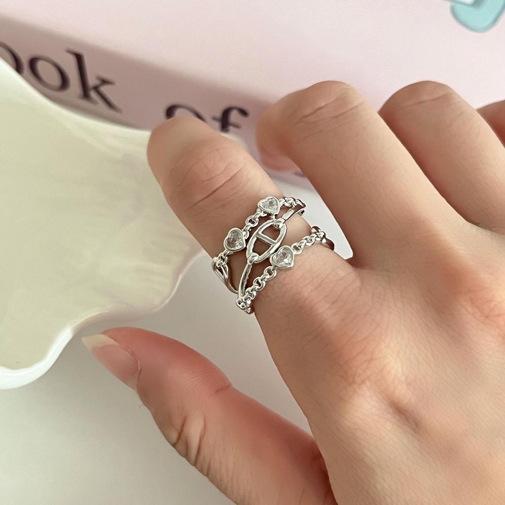 European & American Fashion Open Adjustable Heart Zirconia Pig Nose Chain Index Finger Ring for Women