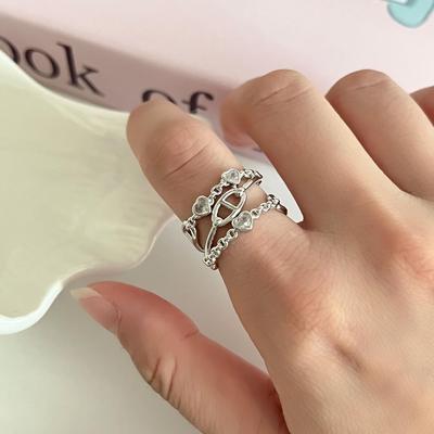 European & American Fashion Open Adjustable Heart Zirconia Pig Nose Chain Index Finger Ring for Women