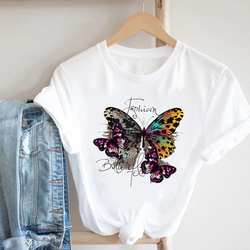 T-shirt Top Imprimé Libellule Fleur pour Femme Vêtement Mode d'Été T-shirt Décontracté Manches Courtes pour Dame Femme T-shirt Graphique
