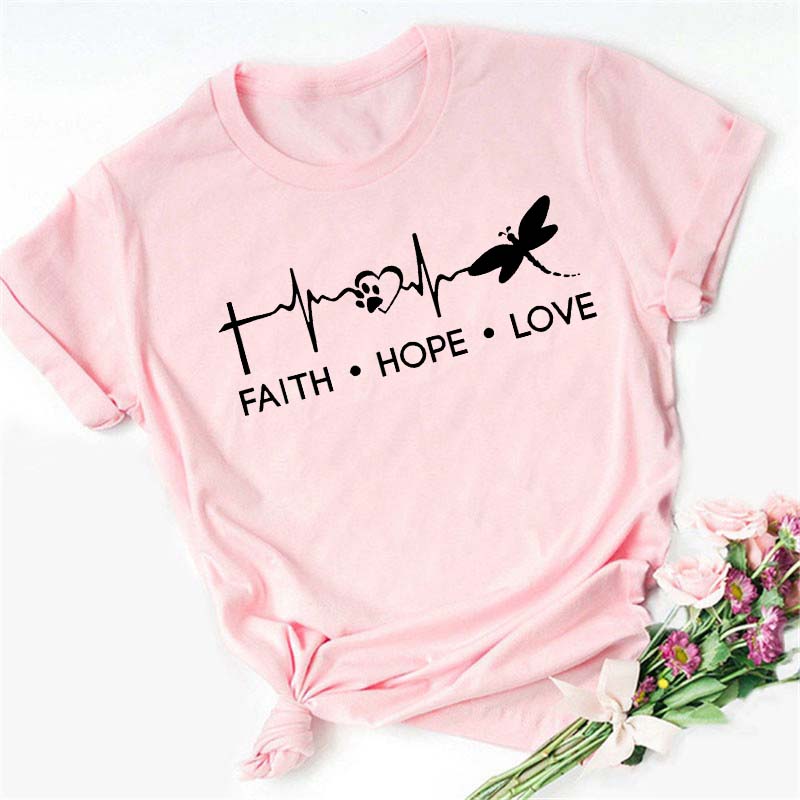 New Love Heart Dragonfly Print Women T-Shirt Fashion Casual Short Sleeves Ladies O-Collar T Shirts Streetwear Graphic Print Tops