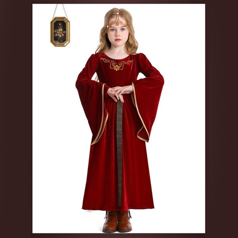 Robe médiévale pour enfant avec coiffe, Vêtements médiévaux pour enfants à manches trompette, Costume Cosplay Halloween pour Fille