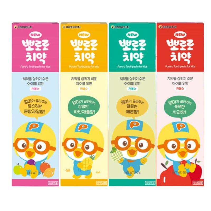 KM Pharmaceutical Pororo New Kids Toothpaste Set Mixed Fruit Pineapple Melon Apple Flavor Low Fluoride Toddler Oral Care 90g x4 (Total 360g) 1(total 4ea)