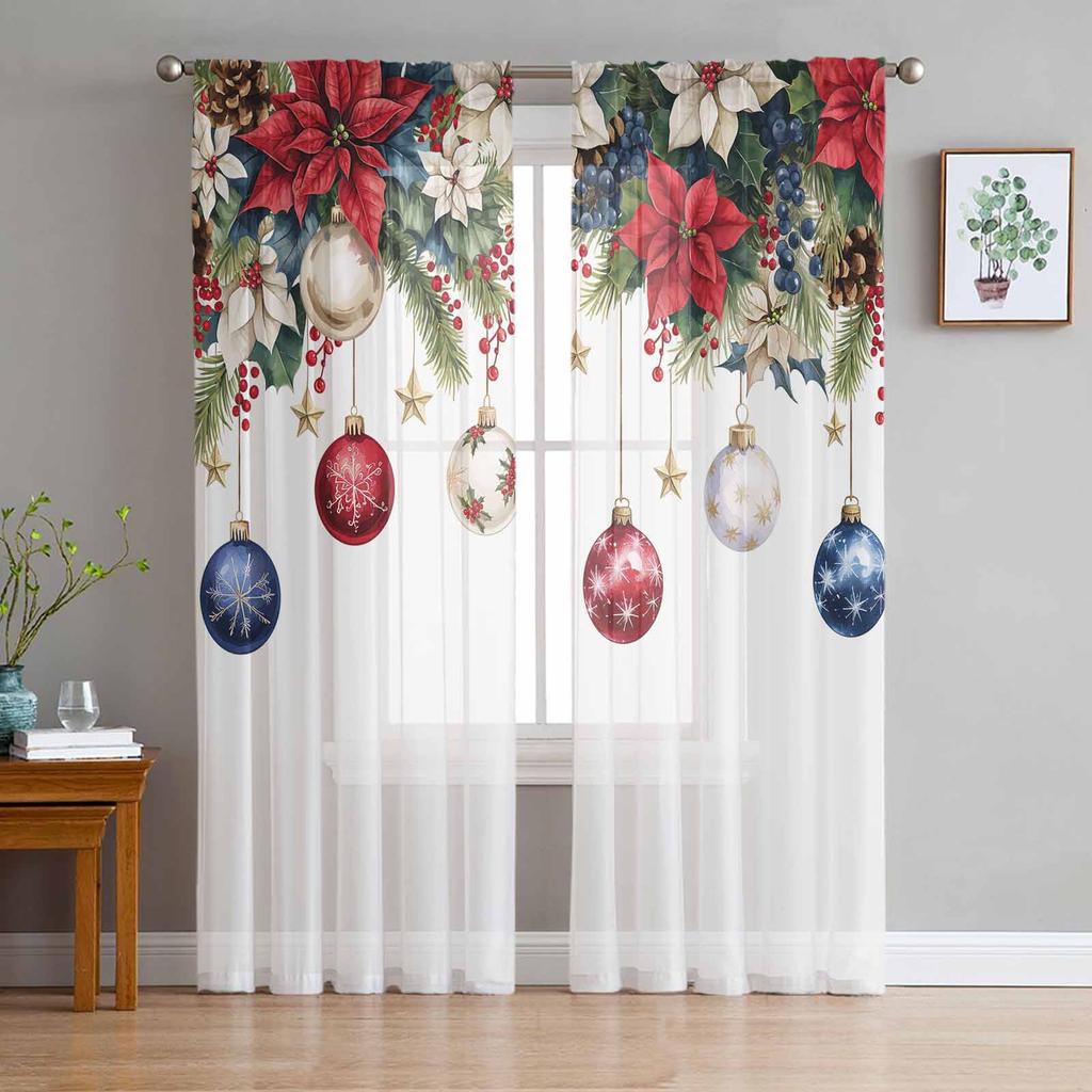 Christmas Ball Snowflakes Poinsettia Sheer Curtains for Living Room Decoration Window Curtains Kitchen Tulle Voile Curtains