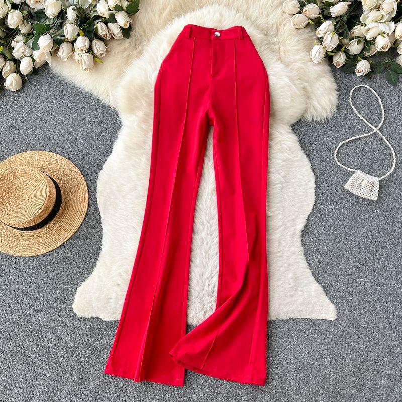 

Chic Spring Summer High Waist Pleated Slit Boot-Cut Pants Red XL