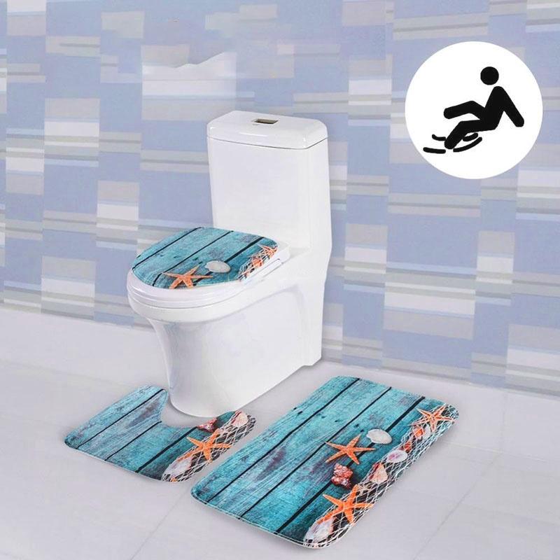 Luxurious 3pcs Beach Nonslip Bathroom Toilet Seat Cover Pedestal Rug Bath Mat Carpet Set