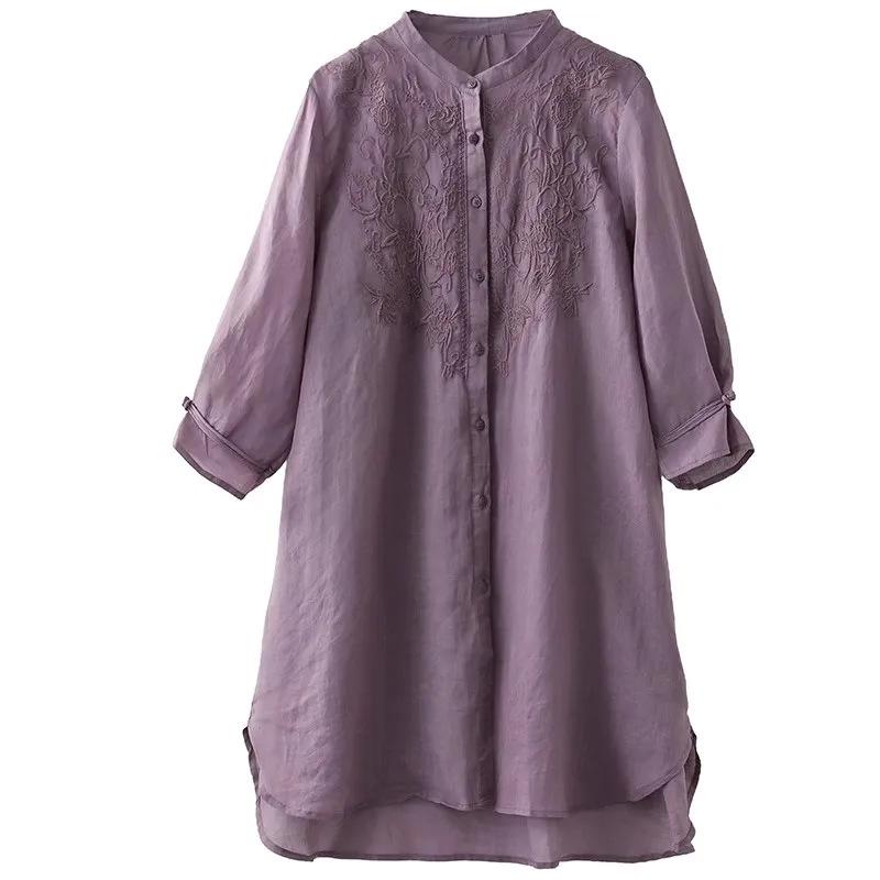 Women's 2024 Retro Embroidered Cotton Linen Stand Collar Mid-Length Shirt-Coat