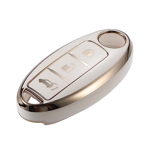 

VekAuto Key Fob Cover Case 3 Button for Nissan Altima Rogue Flexible TPU Gold Tone Edge White Smart Keyless Entry Key Fob Protector