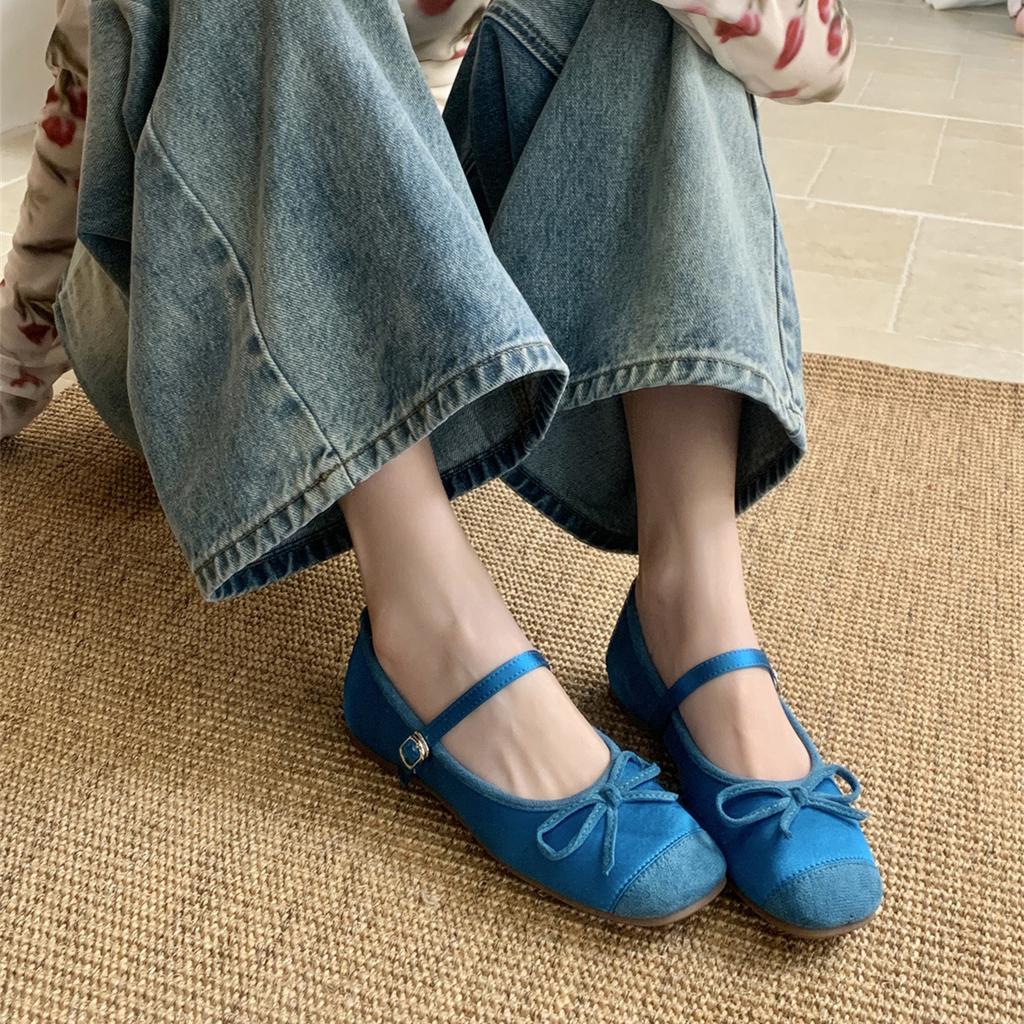 Soft Cute Candy Color Inner Height Increase Round Head Splicing Bow Mary Jane Single Shoes Women's Shallow Mouth Grandma Shoes
