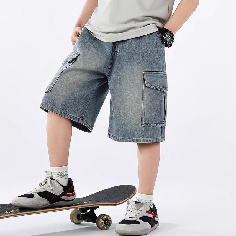 

Summer Teen Boys Denim Shorts Fashion Solid Color Big Pocket Thin Jeans Pants for 4-14 Years Kids Children Casual Trousers 170 синій