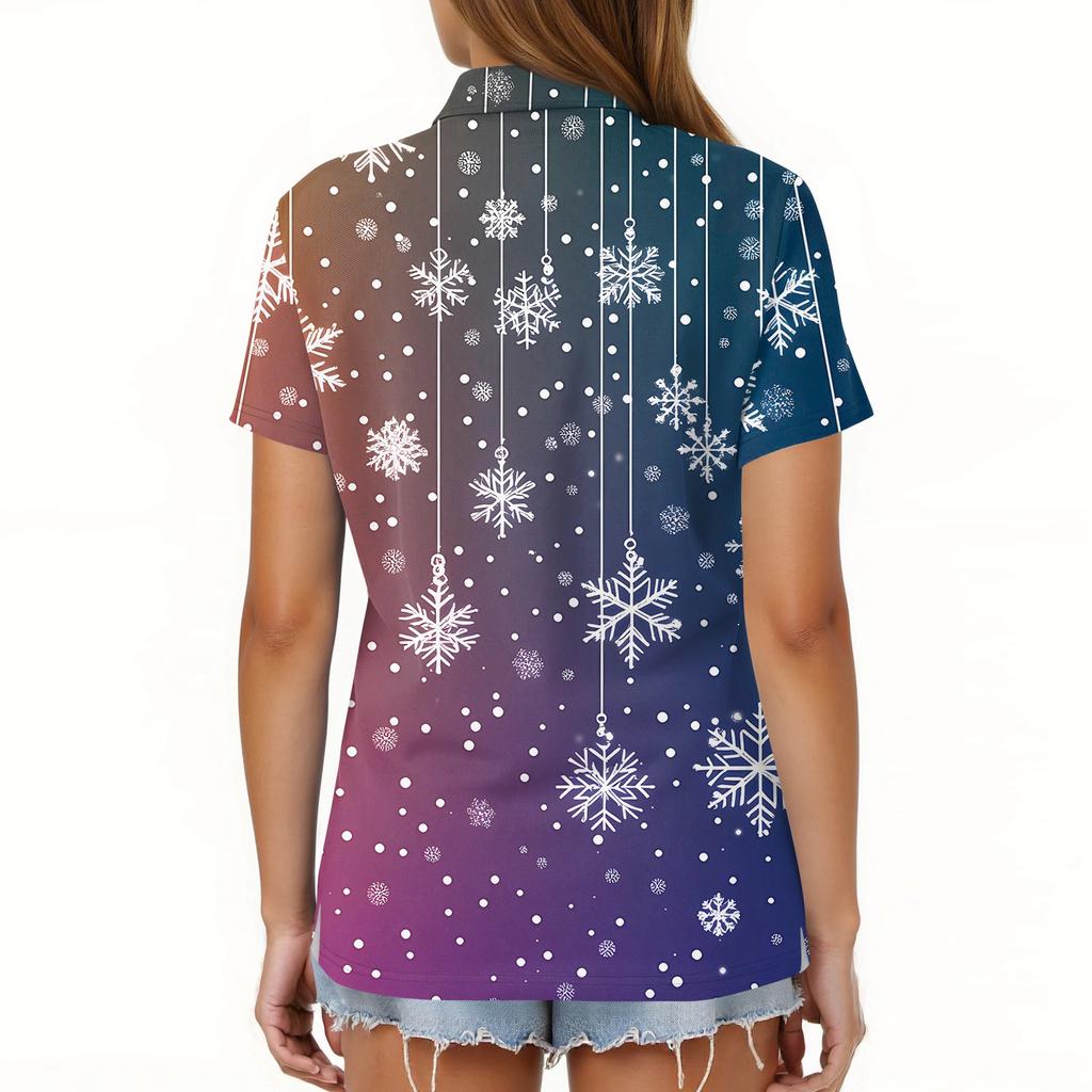 Dámská móda Ležérní klopa Krátký rukáv Vánoční potisk Košile Dámské knoflíkové topy