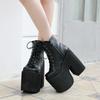 Botas Curtas Femininas Estilo Y2K 2025 Bico Quadrado Fechado Cadarço Plataforma Salto Alto Grosso Sapatos Cor Sólida