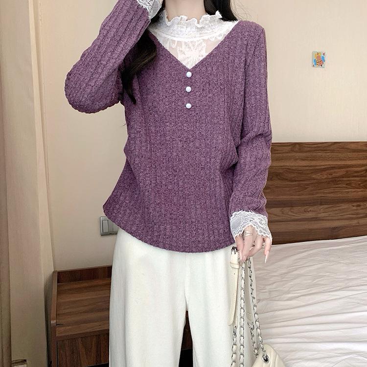 Plus Size Women s Patchwork Lace Trim Fleece-Lined Ribbed Knit Top L