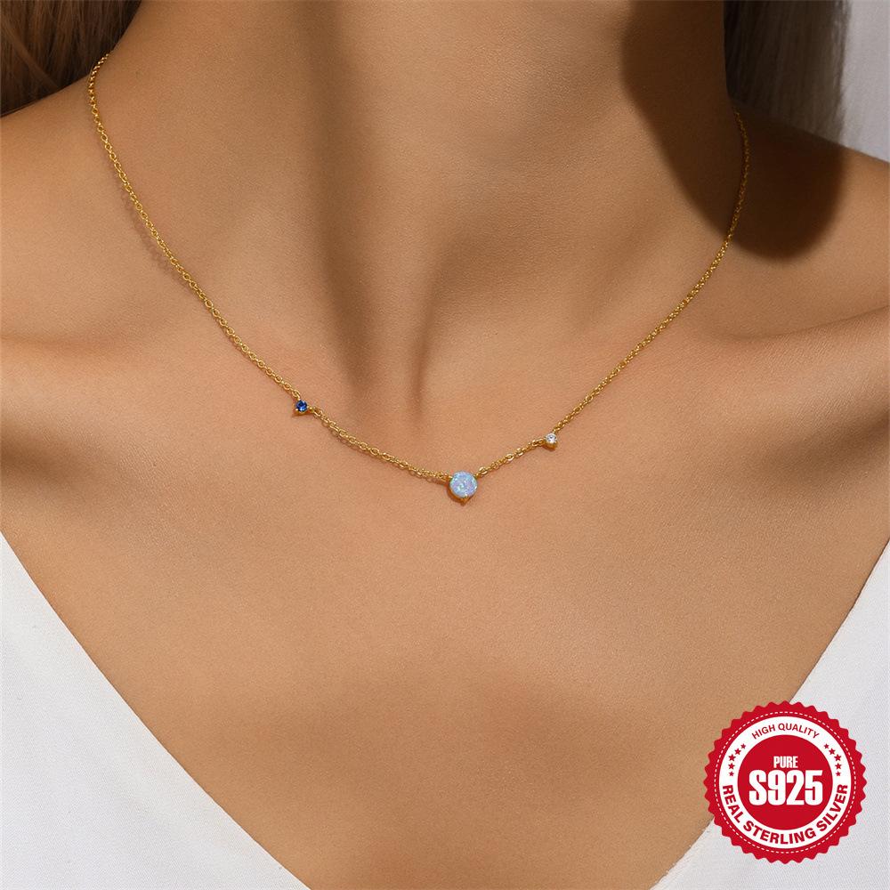 Fashion S925 Sterling Silver Simple And Versatile High-End Blue Opal Diamond-Encrusted Fashion Gift Necklace Collarbone Chain