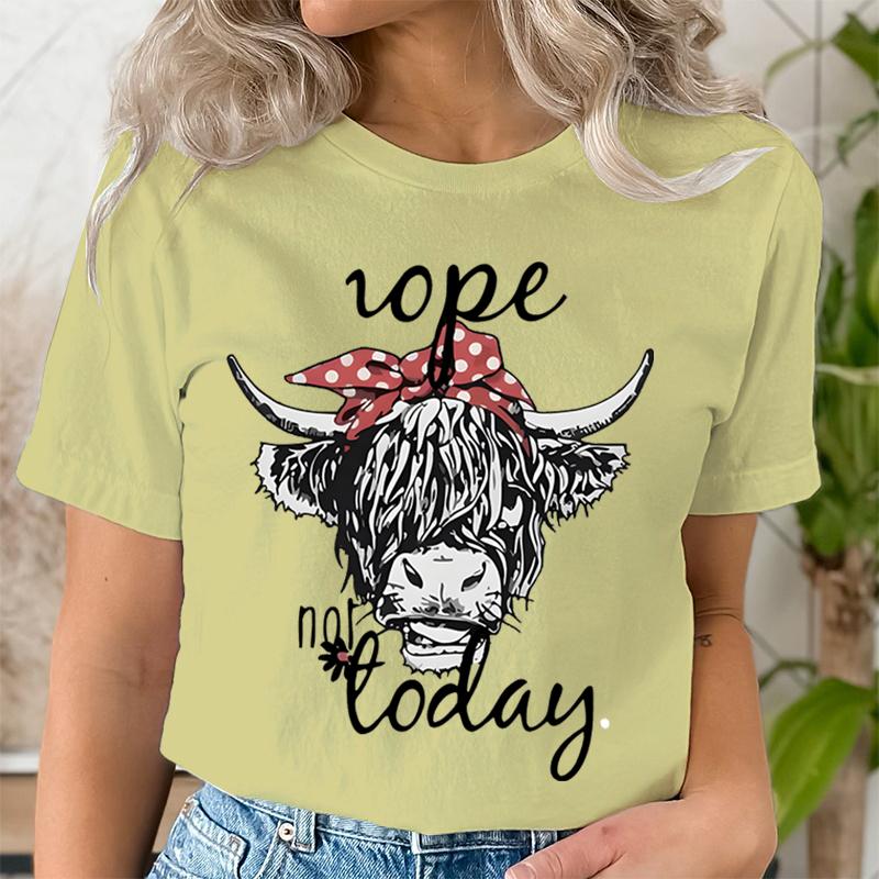 Women Funny T Shirts Cute Hairy Scottish Highland Cow TShirt Round Neck Casual Tops Women Cow Head  Letter Print Short Tshirt