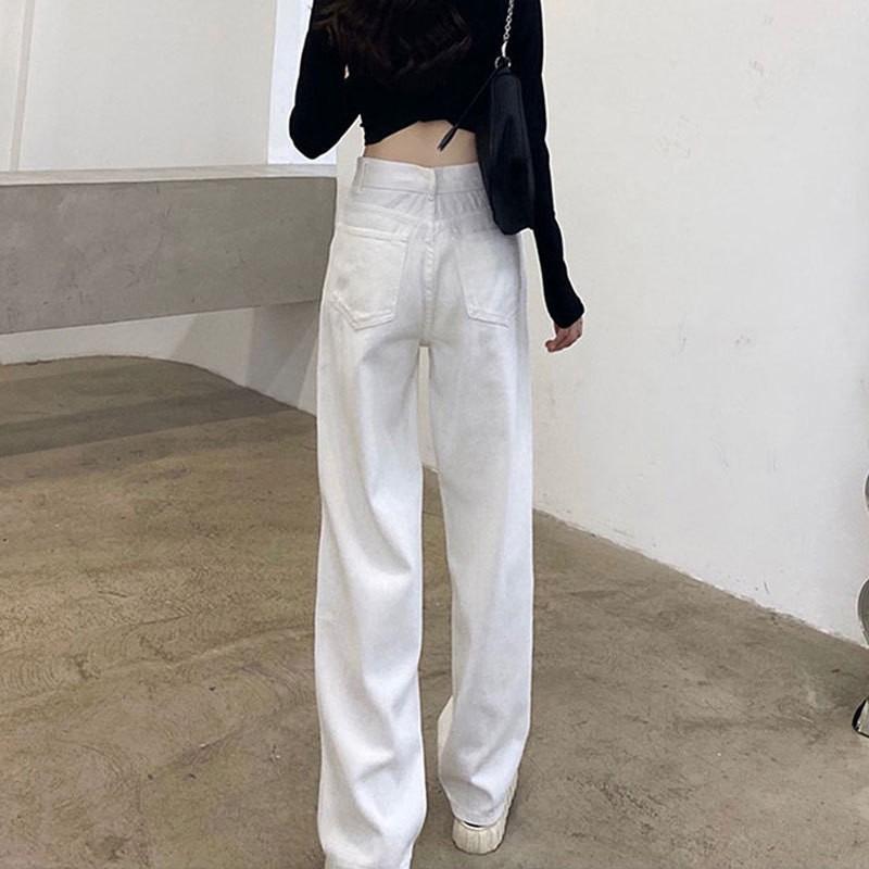 White denim wide-leg trousers, women's pear-shaped figure, high waist, small man, loose hip covering, large size straight mopping pants