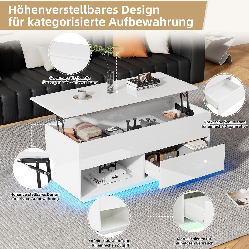 Couchtisch, Wohnzimmertisch Kaffeetisch Schubladen, offener versteckter Stauraum, Sofatisch aus Holz, Beistelltisch Wohnzimmer, Büro, Weiß