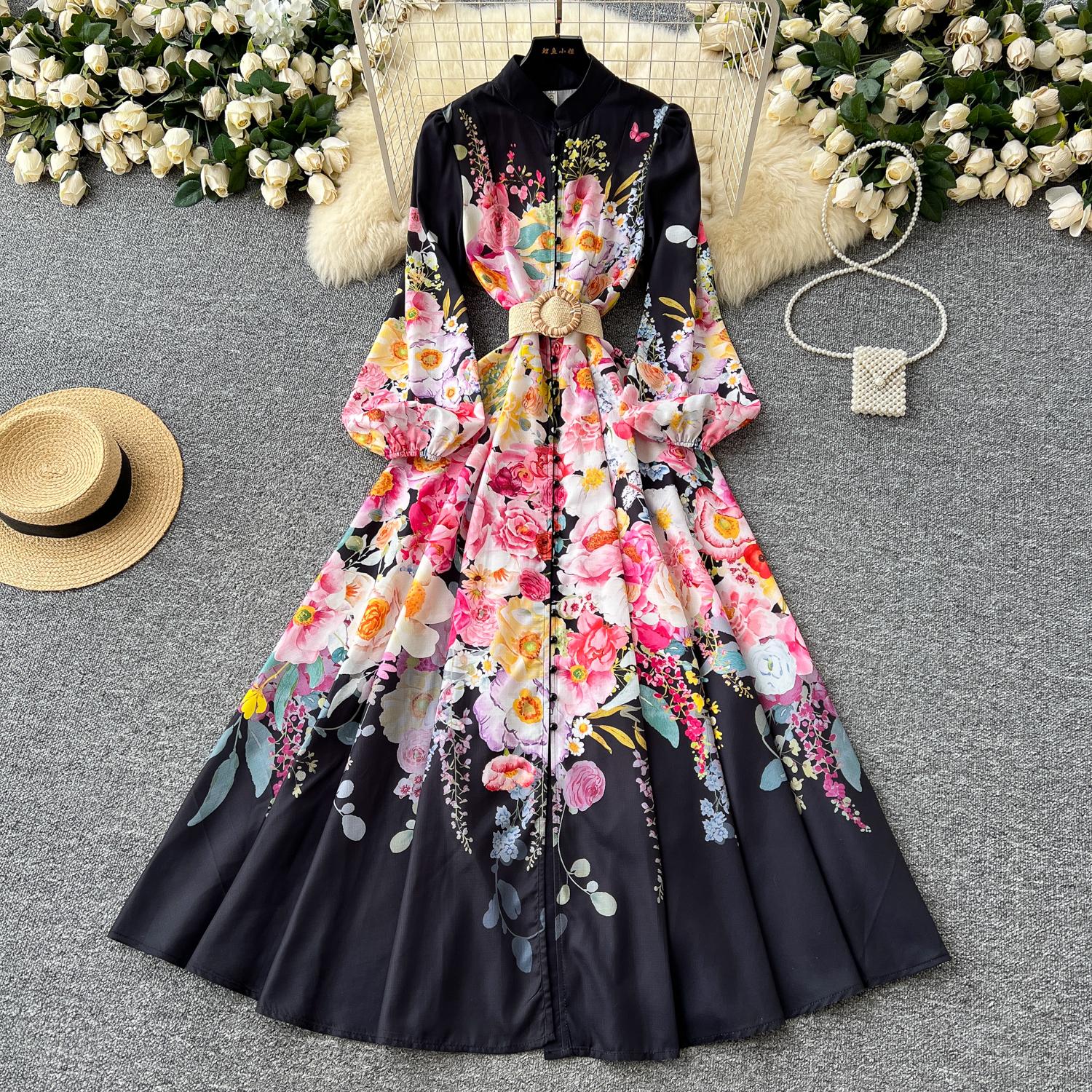 

Весна-лето Женские однобортные длинные макси-платья с принтом и поясом для отдыха на пляже 2XL