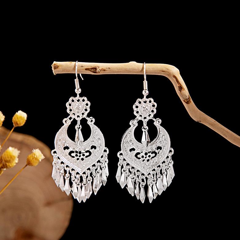 Ethnic Style Imitation Miao Silver Earrings, Colorful Long Fringed Chain Earrings, Hot-selling Earrings In Scenic Spots, Qinghe Jewelry Batches