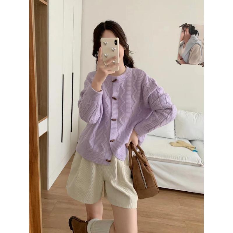 Eck Schnallen Design Pullover Jacke Damen Neu Locker und Lässig Zopfmuster Gestrickte Strickjacke Außenbekleidung