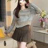 Arctic Velvet Washing Water, Autumn and Winter Maillard Contrasting Color Gradual Change One-word Neck Sweater Femininity Fake Two-piece Knitting