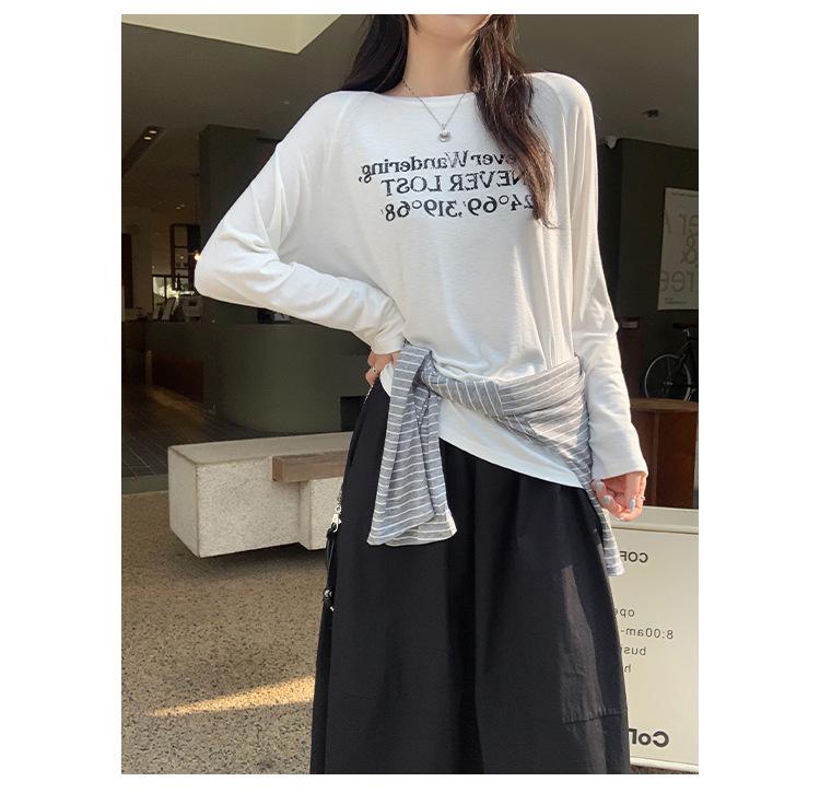 Women's European Style Long Sleeve Loose-Fit Letter Print T-Shirt, American Retro Slim Base Layer