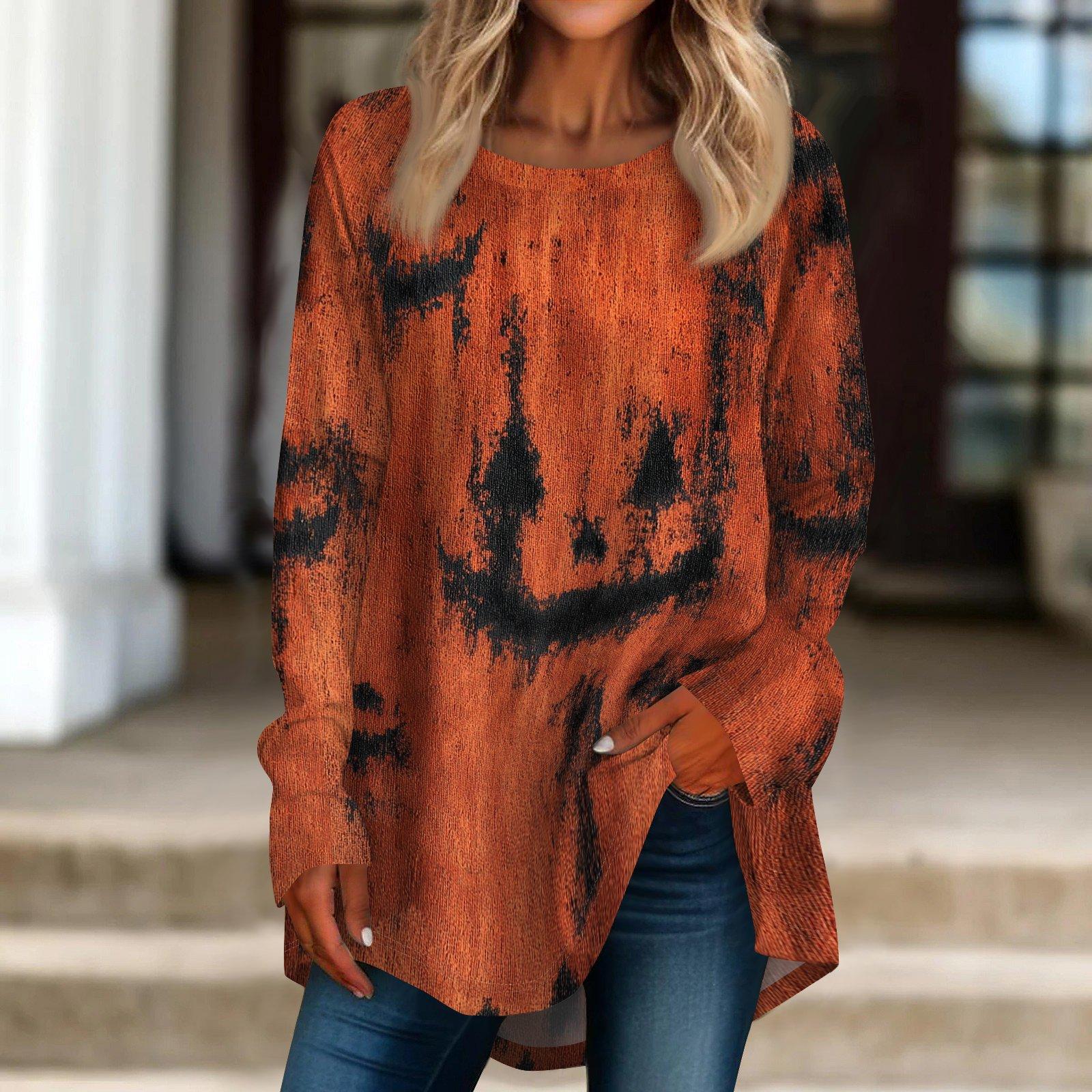 Women s Loose Fit Neck Halloween Print Long Sleeve Tunic Top S