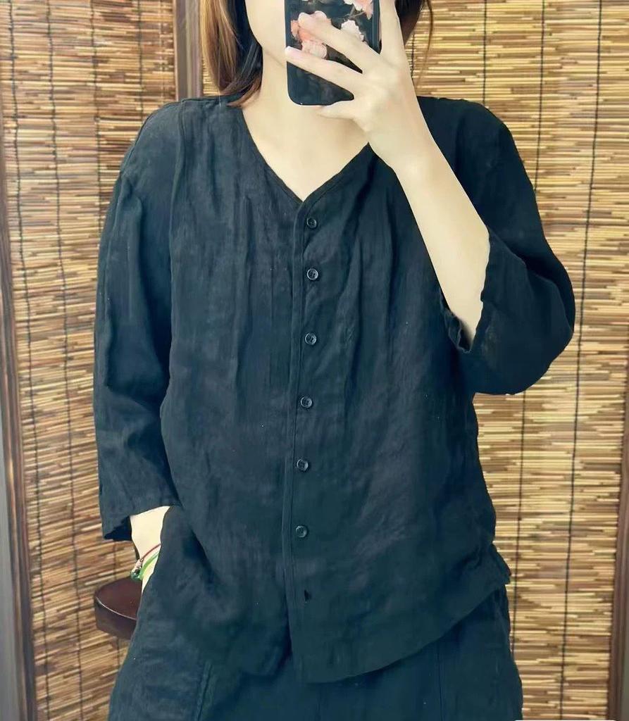 Women's Loose Cotton-Linen Cardigan Top with 3/4 Sleeves