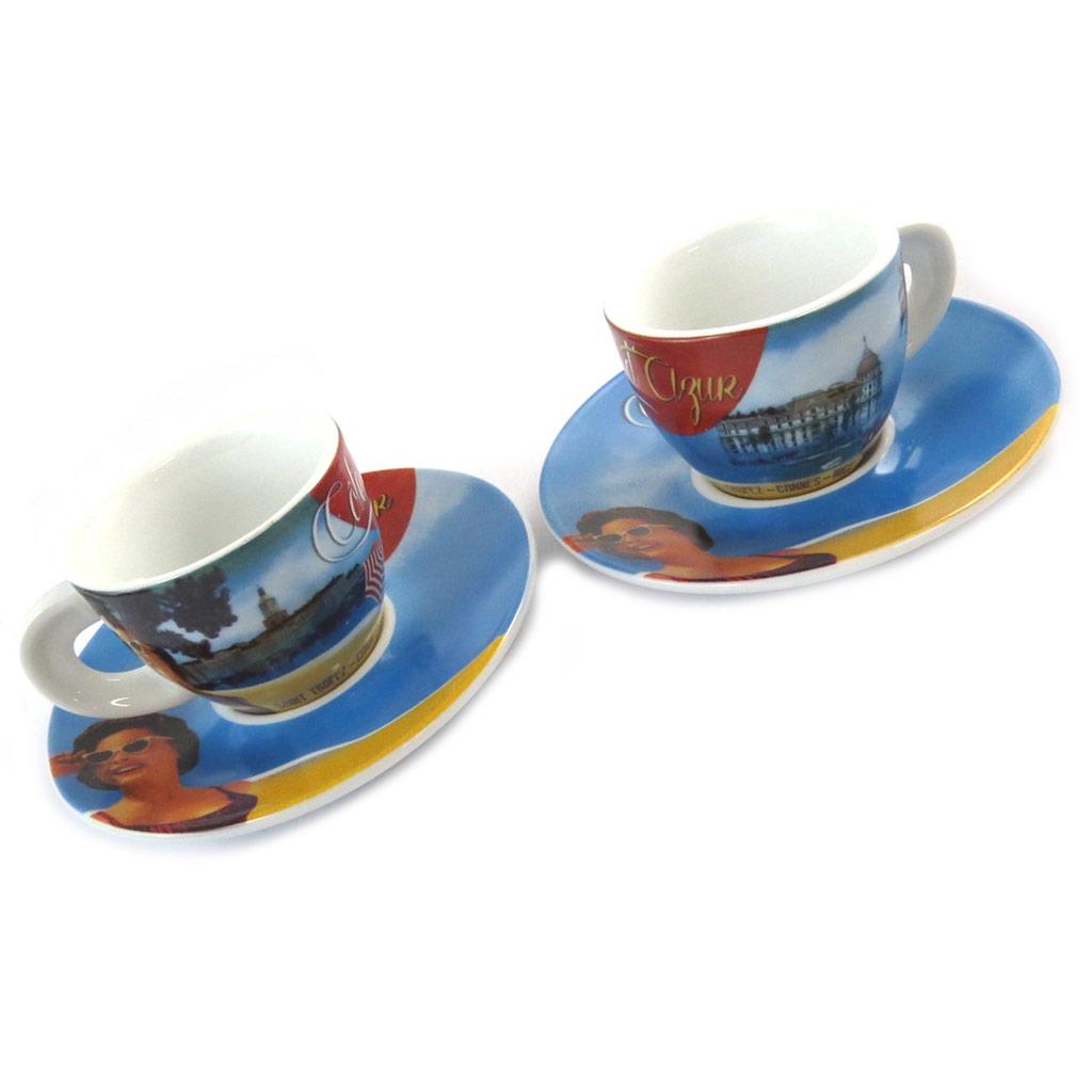 Les Trésors De Lily [N9708] - Box of 2 Coffee Cups 'Côte d'Azur' Yellow Blue (vintage) - 5x6 Cm